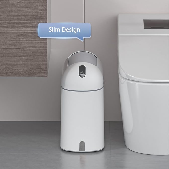 ELPHECO Bathroom Trash Can with lid, 2.5 Gallon, Motion Sensor, White Grey | Waterproof Garbage Can, Automatic Waste Basket, Butterfly Lid, Plastic Garbage Bin for Bedroom and Office