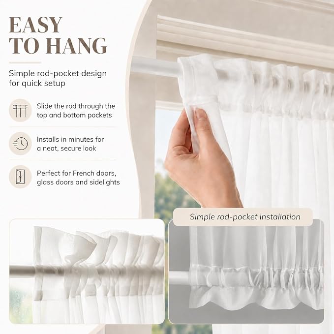 Aquazolax Rod Pocket White Sheer Curtains 72 inches Long Light Filtering Voile Curtain for French/Front Doors/Open Closet (25" Wide, 1 Panel in White, Tieback Included)