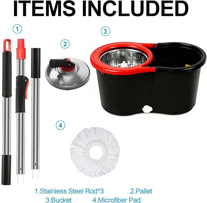 Spin Mop and Bucket with Wringer Set, 360°Rotating Head Mop Bucket System, 3 Replacement Mop Heads for Floor Cleaning (Black & Red) (A mop Head)