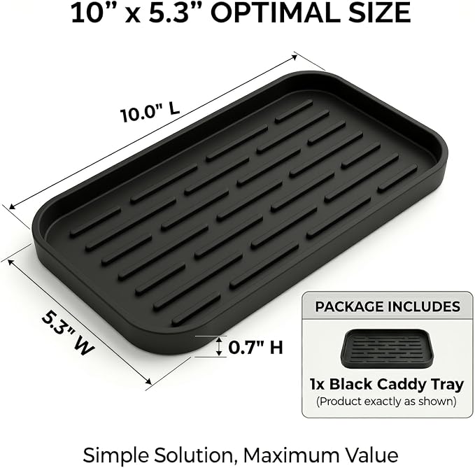 Silicone Organizer Tray, Soap and Sponge Holder for Kitchen Sink, Bathroom - Storage Tray for Dish Brush, Soap Dispenser, Dishwashing Accessories-(Black 1 Pack, 10"x5.3")