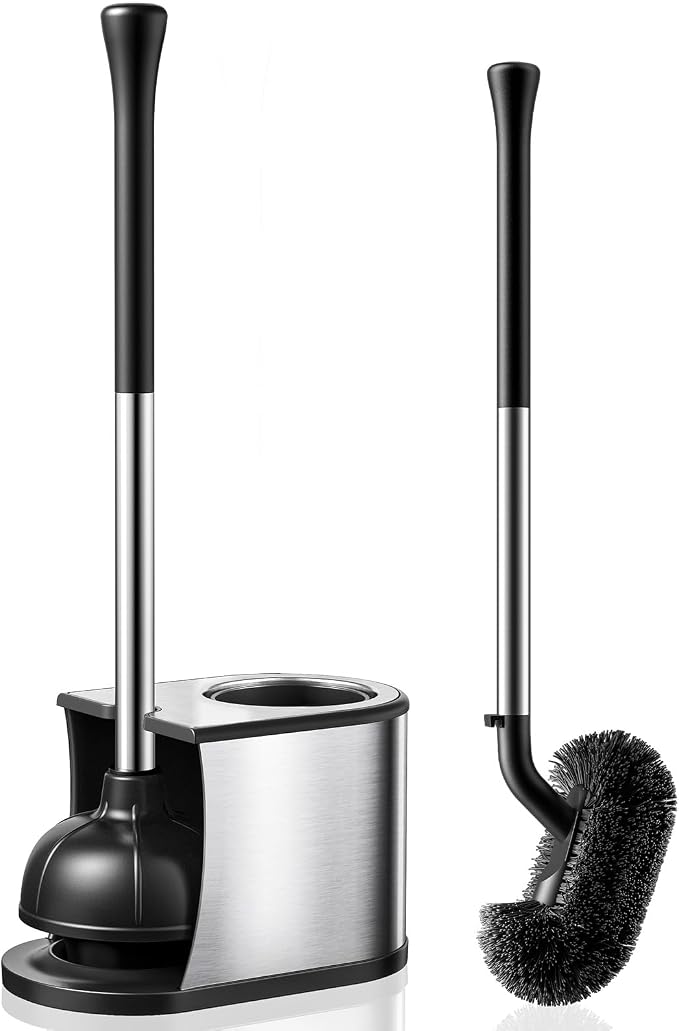 HAMITOR Toilet Plunger and Brush Set: 2 in 1 Stainless Steel Rustproof Combo with Deep Cleaning Curved Bristles - Heavy Duty Toilet Unclogging for Family Bathroom - Compact Apartment Accessories