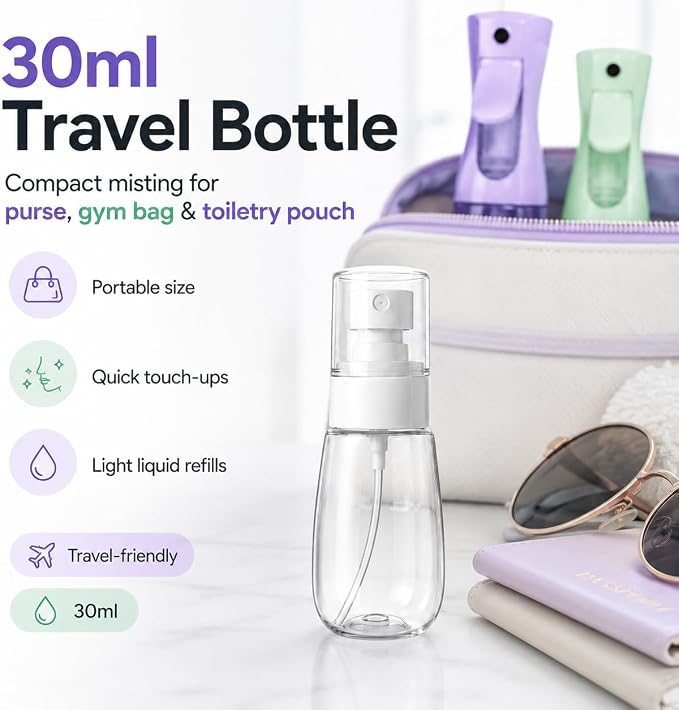 3 PCS Spray Bottles, 2-Pack Continuous Spray Bottles,Fine Water Mist Spray Bottles for Hair 6.8 OZ (200 ML) and 1oz 30ml Travel Spray Bottle Mister (Purple+Green)