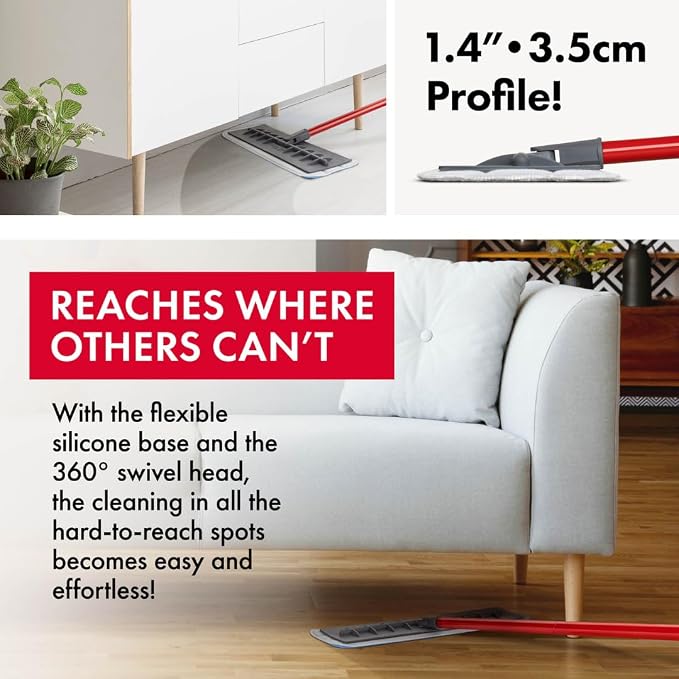 Floor mop Silicone | | Long Aluminum Anti-Rust 4-Part Handle 140 cm, Fits Hardwood, Walls, Laminate, Parquet & Tile | 2 Microfiber Pads