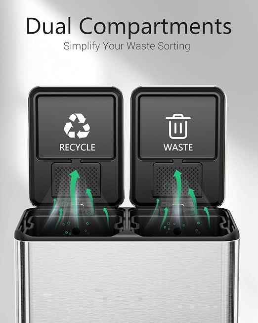 TLSUNNY 2 X 8 Gallon Double Compartments Kitchen Trash Can, Stainless Steel | Dual Trash and Recycling Bins with Odor Control, Soft-Close Lid, Removable Inner Bucket, Handle, Pedal, for Home, Silver