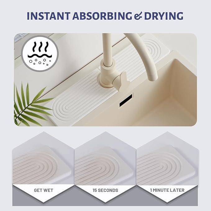 Stone Faucet Mat for Kitchen Sink, Faucet Mat Fast Drying Diatomite | Sink Splash Guard Water Absorbing Stone Tray for Sink, Counter Protector Matt for Kitchen & Bathroom