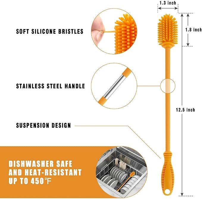 Silicone Bottle Brush with Long Handle, 12.5" Bottle Cleaning Brush, Orange | Water Bottle Cleaner for Baby Bottles, Hydro Flask, Sports Bottle, Vase, Glassware, for Smaller Diameter Bottle Openings
