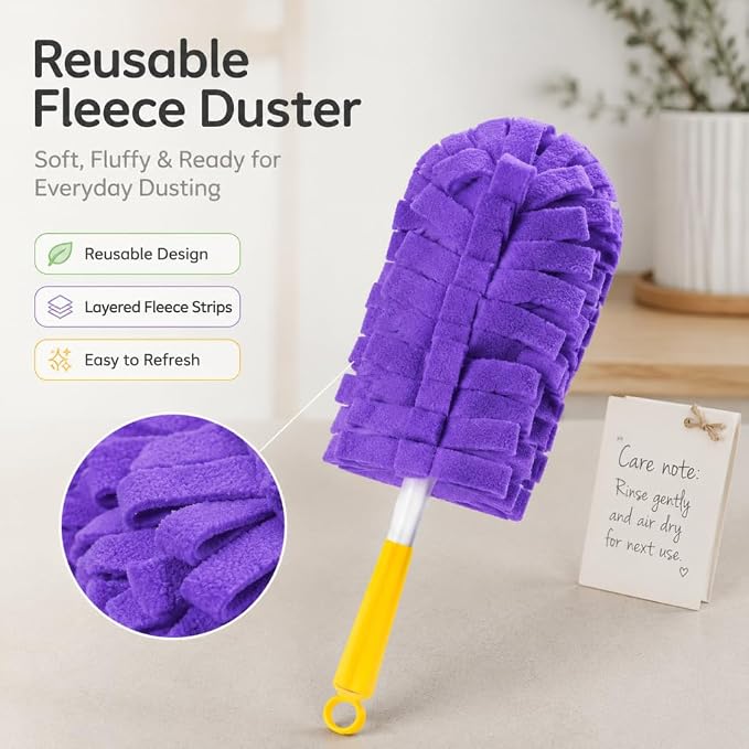 4 Pcs Reusable Duster Refills for Swiffer, Washable Fleece Duster with Handle, 360° Cleaning, Electrostatic Pads for Home, Window, Car, Fans