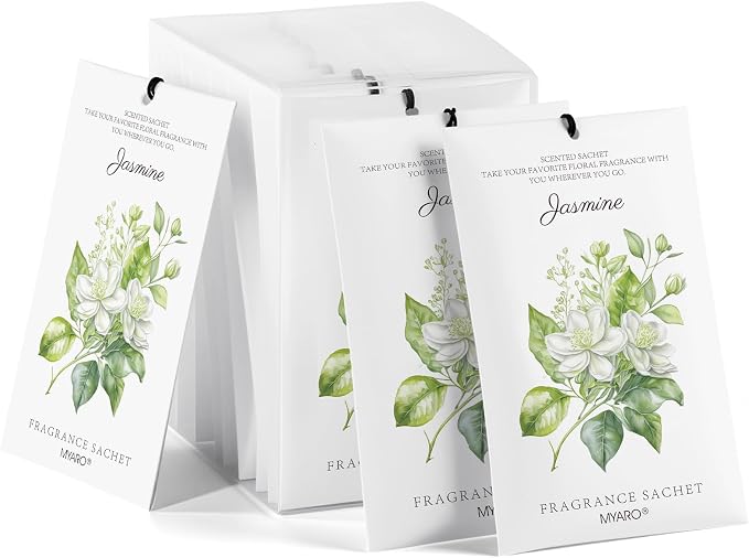 MYARO 12 Pack Jasmine Scented Sachets, Closet Deodorizer Car Air Freshener | Long-Lasting Sachet Bag, Odor Eliminator for Closet, Drawer, Bathroom, Clothes, Fabric Refresher, Home Fragrance Gift Set