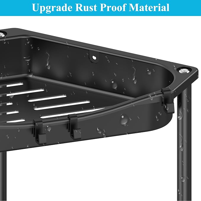 HuggieGems Metal Floor Standing Corner Shower Caddy, Jet Black, 4 Tier | Adhesive Bathroom Organizer Shelves, Free Standing Shower Rack with Hooks, Hold Large Shampoo Bottles