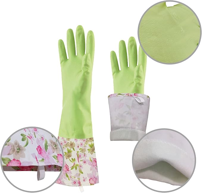 Rubber Latex Waterproof Dishwashing Gloves,Long Cuff and Flock Lining Household Cleaning Gloves 2 Pair