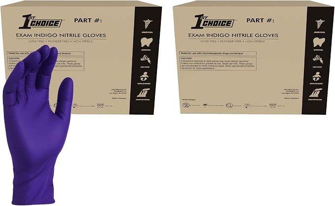 1st Choice 3 mil Disposable Indigo Nitrile Exam Gloves for Medical, Salon | Dentist, Esthetician, and Household Chores, Bulk Purchasing Options Available, Suitable for Use with Hair Dying Chemicals