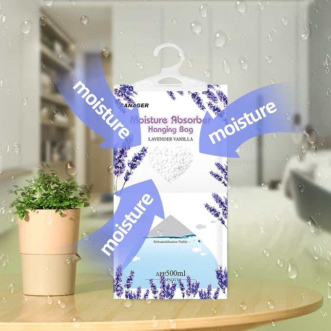 CANAGER Moisture Absorber -12 Pack,Lavender Vanilla Hanging Humidity Bag,Home,Car, and Closet Dehumidifiers and Deodorizers (12.5OZ)