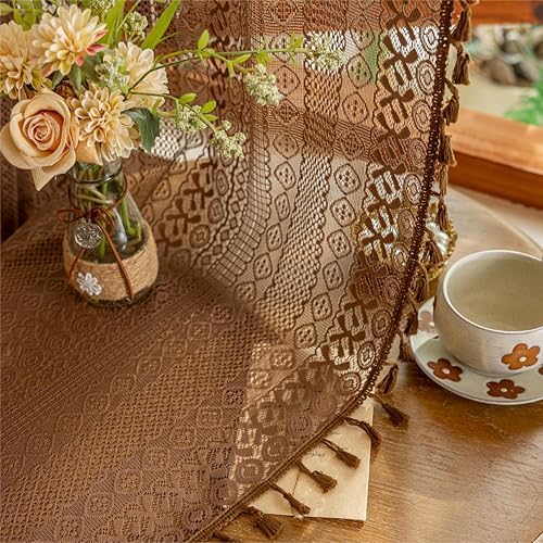 Sutuo Home Dark Coffee Lace Boho Curtains for Kitchen Nursery, Crochet Semi Sheer Macrame Bohemian Cottage Farmhouse Fringes Vintage Chic Window Treatment Drapes, Rod Pocket 1 Panel 59" W x 63" L