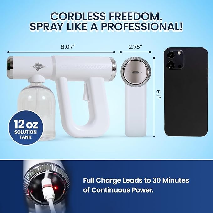 Nano Spray Gun, Cordless Atomizer Sprayer and Fogger Applicator, White | Sanitizer Mister with Blue Light, 320ml Tank for Disinfectant Liquids, 3 Meter Reach, USB-C Rechargeable, 1 Year Warranty