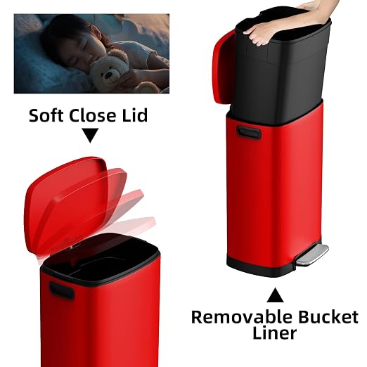 KdbK 13 Gallon Trash Can with Lid, 50L Fingerprint Proof Stainless Steel Kitchen Trash Can with Removable Inner Bucket and Lid Soft Close, Pedal Rubbish Bin for Home Office, Red