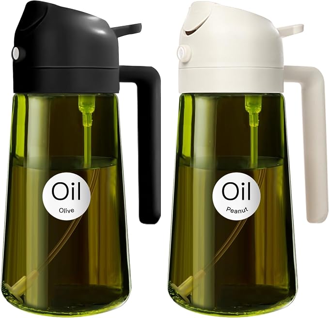 YARRAMATE 16oz/470ml 2PCS Light Blockage Dark Oil Sprayer for Cooking, 2 in 1 Olive Oil Dispenser Bottle for Kitchen, Green Glass Oil Bottle, Food-Grade Oil Mister for Air Fryer, BBQ (Black & White)