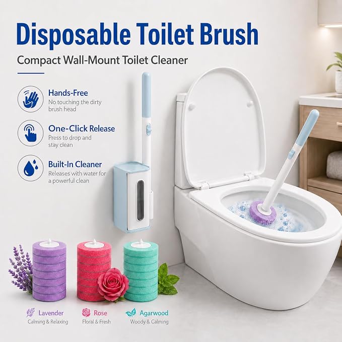 Disposable Toilet Brush, Wall Mount Holder Set with 24 Refill Brush Heads | Hands Free Toilet Brush, One-Button Release, Compact Design, Disposable Toilet Set, RV Bathroom Accessories, 3 Mixed Scent