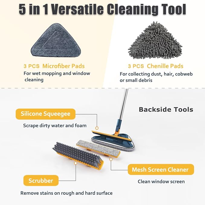 5-in-1 Wall Cleaner Mop with 79'' Long Handle, Triangle Head Wall Scrubber | Cleaning Dust Mop with 6 Pads, Squeegee, Scrubber, Wall Washer Tool for Painted Wall, Ceiling, Baseboard, Window, Floor