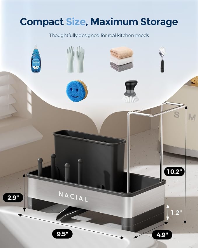 Nacial Kitchen Sink Organizer, Sink Caddy with Sponge & Tall Brush Holder | 304 Stainless Steel Kitchen Countertop Organizer with Double-Bar Towel Holder, Stores Sponge, Brush, Towel & Sink Essentials