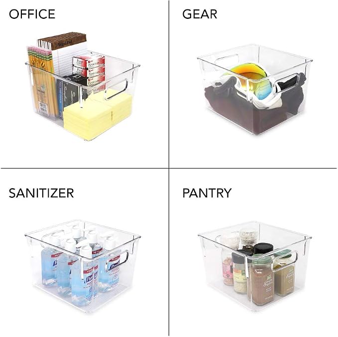 Isaac Jacobs 3-Pack Medium Clear Storage Bins with Handles | Plastic Organizer for Home, Room, Office, Fridge, Kitchen/Pantry Non-Slip Container Set, Food Safe, BPA Free (3-Pack, Medium)