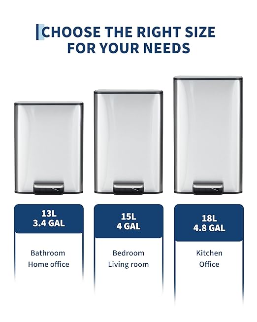 4 Gallon/15 Liter Trash Can, Stainless Steel Step Garbage Can with Quiet Soft-Close Lid, Foot Pedal & Removable Inner Bucket, Rectangular Trash Bin for for Living Room Home Office, Silver