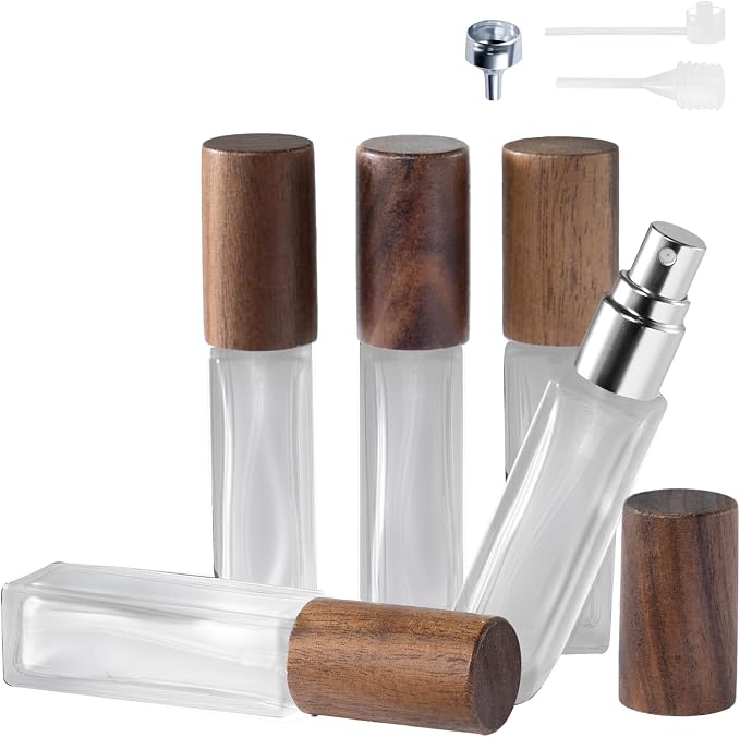 Perfume Atomizer, Refillable Spray Perfume Bottles 5pcs 0.3oz/10ml | Real Wood Lid, Classic Looking, Leak-Proof, Compact Size, Solid Bottle, Daily Touch-Up Spraying