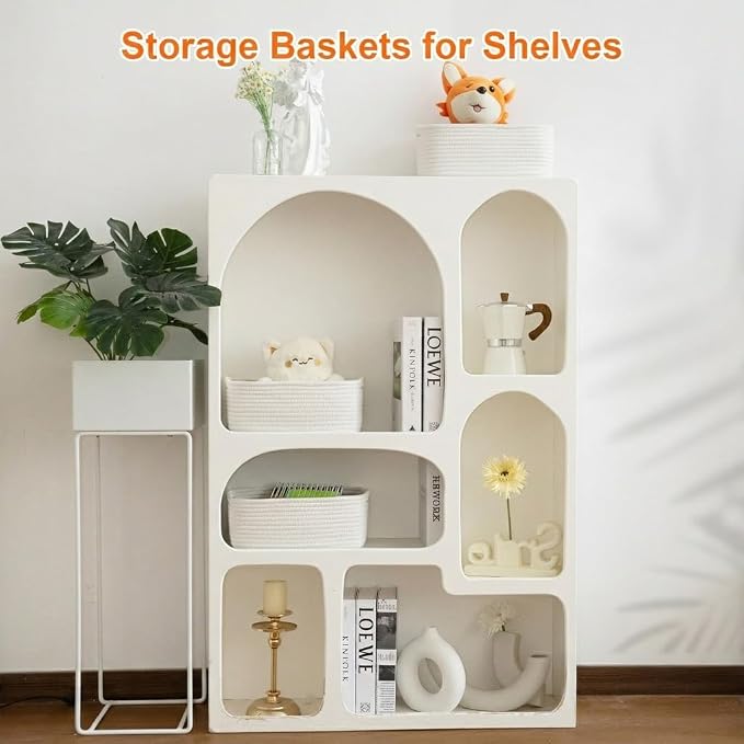 3Pack Small Woven Storage Baskets for Shelves Organizing | Cotton Rope Closet Organizer Bins, Basket for Gifts Empty, Nursery, Living room, Dog Toy Basket 13.2x8.2x5.2 in, White