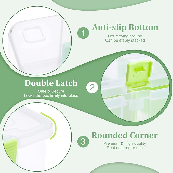 BTSKY Clear Plastic Dividing Storage Box with 4 Compartments Sewing Box | 13.3x8.1x3.4 Inches Adjustable Storage Bin with Lid Plastic Craft Storage Container Multipurpose Art Supply Organizer Green