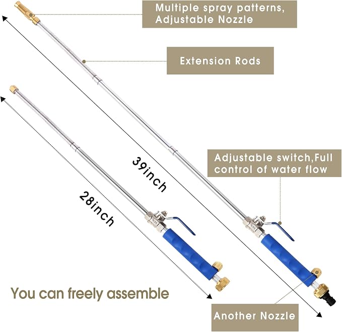 High Pressure Power Washer Wand, Hydro Jet Water Wand Pressure Sprayer,Flexible Garden Watering Wand with 3 Hose Nozzle Universal Hose End for Car Pet Window Patio Gutter Cleaning Tool Blue