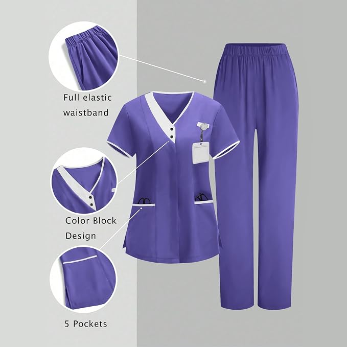 2026 Scrub for Cleaning Jobs Uniform, Multi Pockets Scrubs for Women Sets, V-Neck Top & Straight Leg Pants Scrubs Set