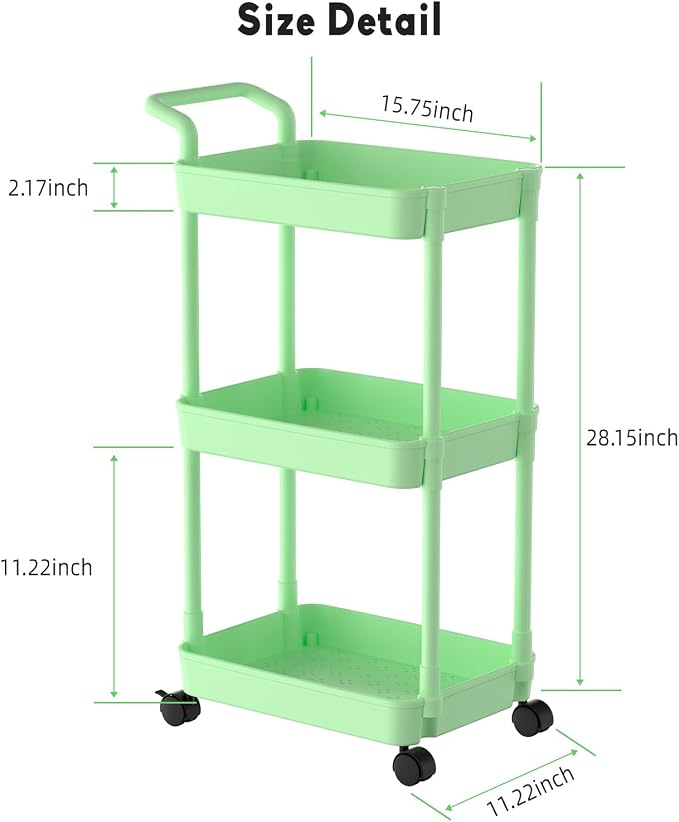 Volnamal Diaper Caddy, 3 Tier Rolling Cart for Baby Essentials, Green | Movable & Easy Assemble Cart for Newborn Nursery Essentials, Diaper Storage Organizer for Changing Table&Crib, Baby Registry