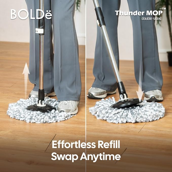 Thunder Mop Spin System - Double-Sided -3 Free Refills (Lime/Forest) | 2 Compact Stackable 6L Buckets, Microfiber Head, Stainless Steel Wringer, Antifungal Quick-Dry Cleaning, Soap Dispenser