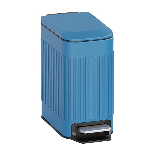 TrashAid Slim Bathroom Trash Can with Lid Soft Close & Pedal, 1.6Gal, Blue | Removable Inner Bucket, Stainless Steel Garbage Can, Small Wastebasket for Toilet/Office/Bedroom, Retro Design, Odor Control