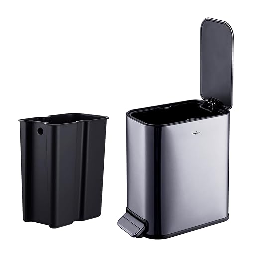 RED FACTOR Slim 1.3 Gallon Stainless Steel Pedal Trash Can with Soft Close Lid for Narrow Spaces – Small Wastebasket Bin with Removable Inner Bucket (Metallic Grey)