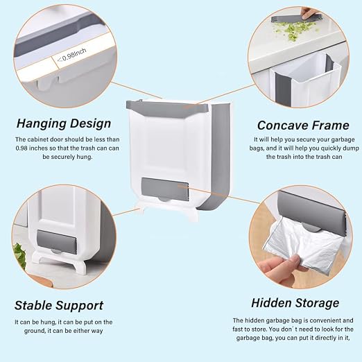 Kitchen Trash Can, 2.4 Gallon Foldable Trash Can for Kitchen | Collapsible Hang Small Plastic Garbage Can for Cabinet/Car/Bedroom/Bathroom/Office (White, 1PC)