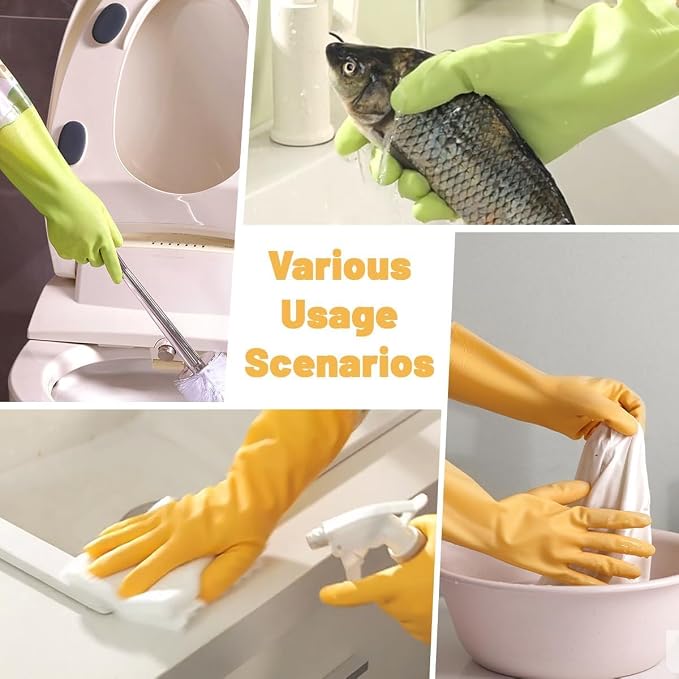 Dishwashing Cleaning Gloves, Rubber Glove with Cotton Lined | 2 Pairs Reusable Latex Free Kitchen Gloves, Long Waterproof Household Glove for Laundry Cleaning Working Gardening Cooking