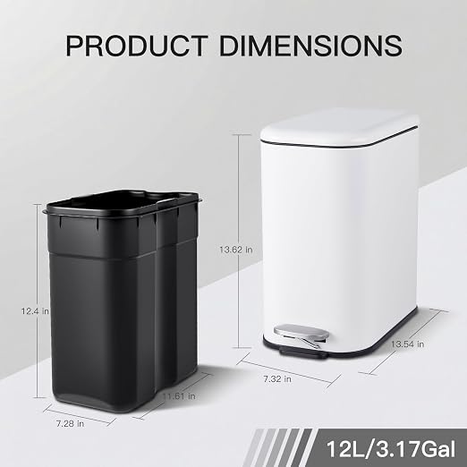 3.2 Gallon/12L Stainless Steel Step Trash Can, Soft Close Pedal Garbage Bin with Detachable Inner Bucket,Fingerprint Resistant,Dual-Use Waste & Recycling Container for Home Kitchen, Bathroom and Offic