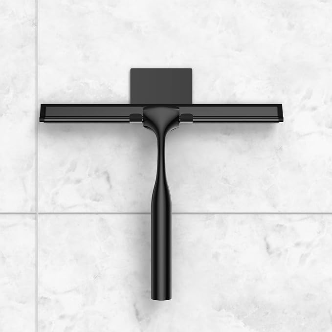 Black 14-Inches Stainless Steel Shower Squeegee Set, Include Shower Door Hook, Adhesive Hook and Spare Silicone Blade, Window Squeegee for Shower Glass Door, Bathroom, Mirror, Window and Car Glass