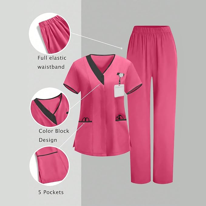 2026 Housekeeping Uniform Cleaning Uniforms - Button V Neck Top & Pants with Multi Pockets - Scrubs for Women
