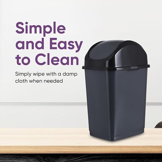 Superio Small 2.5 Gallon Plastic Trash Can with Swing Top Lid, Compact, Slim Waste Bin for Under Desk, Office, Bedroom, Bathroom, Dorm Room, 10 Qt. Portable Garbage Can (Dark Gray, 2