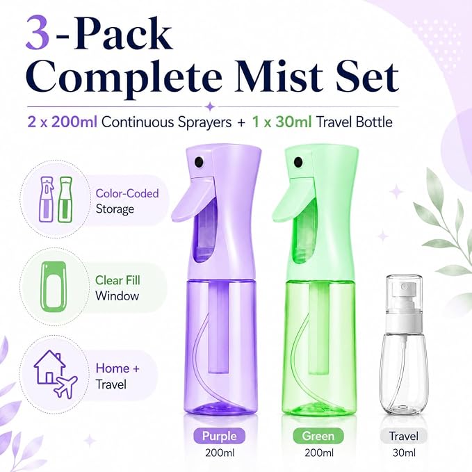 3 PCS Spray Bottles, 2-Pack Continuous Spray Bottles,Fine Water Mist Spray Bottles for Hair 6.8 OZ (200 ML) and 1oz 30ml Travel Spray Bottle Mister (Purple+Green)