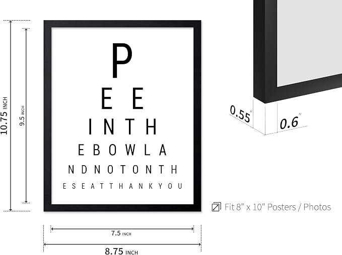 Poster Master 2-Piece Bathroom Sign Print - Eye Chart & Rules Poster - Humorous Guest Bath Decor - Minimal Typography Design - Powder Room Decor - Funny Restroom Sign - 8x10 Black Framed