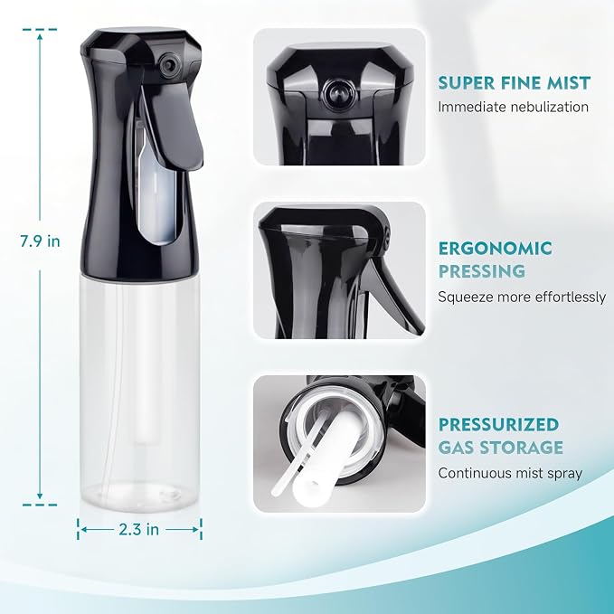 Continuous Spray Bottle for Hair, 6.8 OZ Ultra Fine Mist Spray Bottle | Leak Proof, Pre-Compression Technology, 360° Mist Sprayer for Hair Styling, Cleaning, Watering and Pets