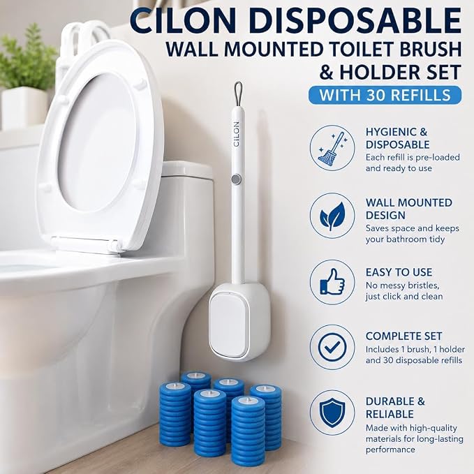 CiLoN Disposable Toilet Brush, Toilet Wand Cleaning System, Bowl Scrubber | Flip-Top Hands-Free Wall-Mounted Toilet Bowl Brush & Holder with Disposable Cleaning-Fluid Scrubbing Pads for Hygienic Use