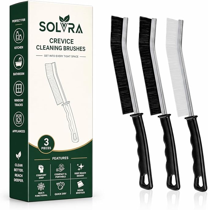 Crevice Cleaning Brush Set 3Pcs Hard Bristle Tools for Narrow Spaces | Includes 2 Black & 1 White Grout Scrub Brushes for Tile Floors, Bathroom, Shower, Window Tracks & Kitchen Cleaning.
