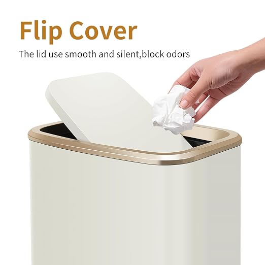 2 Gallon Small Office Bathroom Trash Can with Swing Lid,Living Room Bedroom Garbage can Wastebasket bin,Inner Bucket,Metal Decor Trash Can (Cream White)