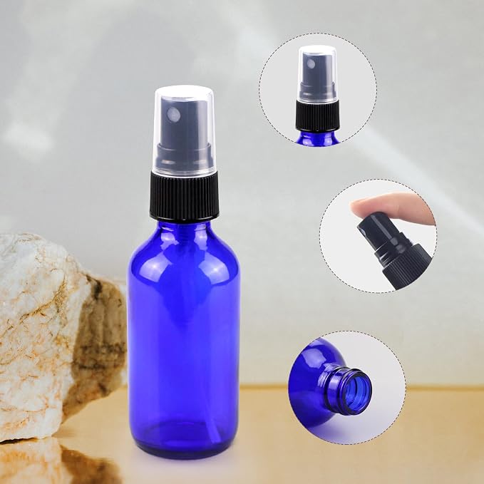 4 oz Mini Glass Spray Bottles, Empty Small Spray Bottles with Funnel Dropper, Fine Mist for Hair, Travel, Plants, Cleaning Solutions and Skin Care (4 Pack Blue)