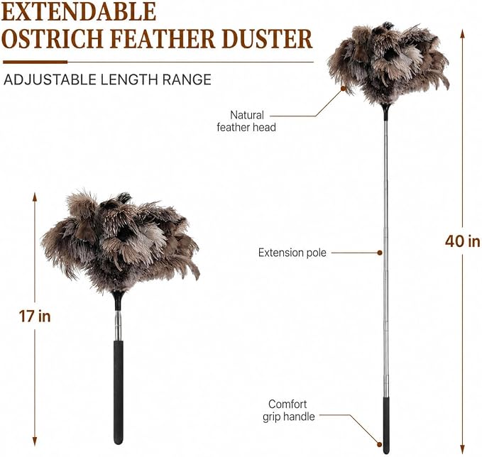 Extendable Ostrich Feather Duster 17–40 Inch, Fluffy Long Handle Reusable Feather Duster, Feather Dusters for Cleaning Ceiling Fan,Pendant lamp, High Ceiling, Blinds, Furniture