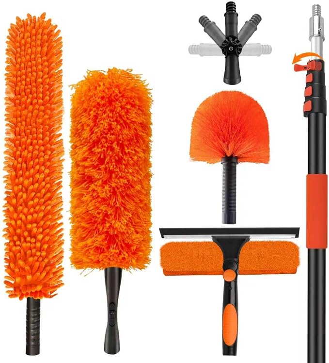 26FT High Reach Duster with Extension Pole 5-20FT, 4-in-1 Cleaning Kit | with Universal Swivel Joint | High Ceiling Fan Cleaner, Cobweb Duster & Window Squeegee for Safe High-Reach Cleaning