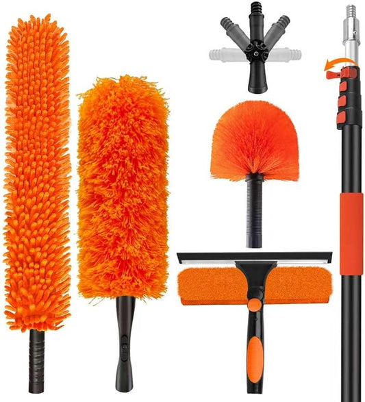 26FT High Reach Duster with Extension Pole 5-20FT, 4-in-1 Cleaning Kit | with Universal Swivel Joint | High Ceiling Fan Cleaner, Cobweb Duster & Window Squeegee for Safe High-Reach Cleaning